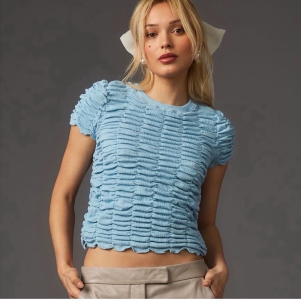 Anthropologie Light Blue Textured Short Sleeve Top